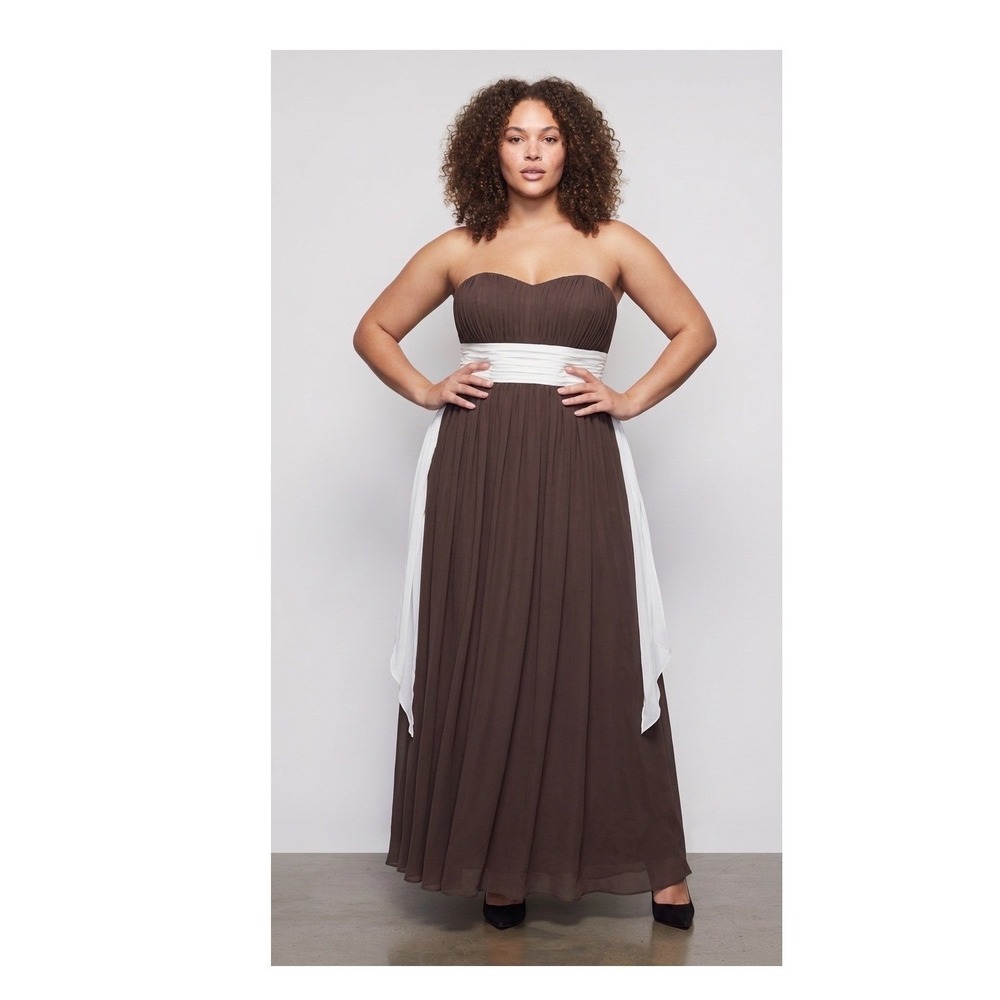 Alexia Designs Strapless Maxi Dress Women 14 Brown White Chiffon Formal Gown
